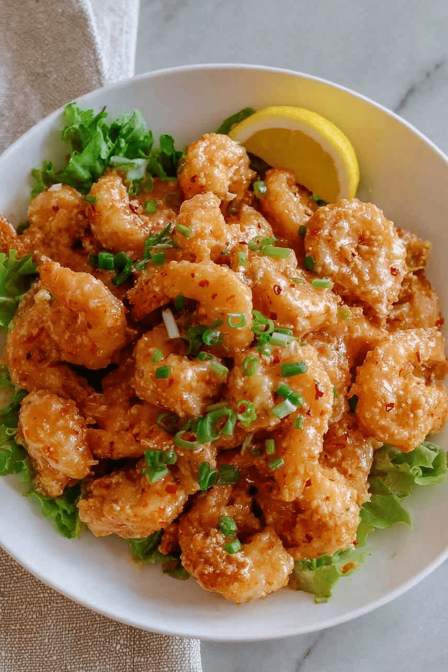 Crispy bang bang shrimp garnished with green onions and sesame seeds in a bowl with Thai chili sauce.
