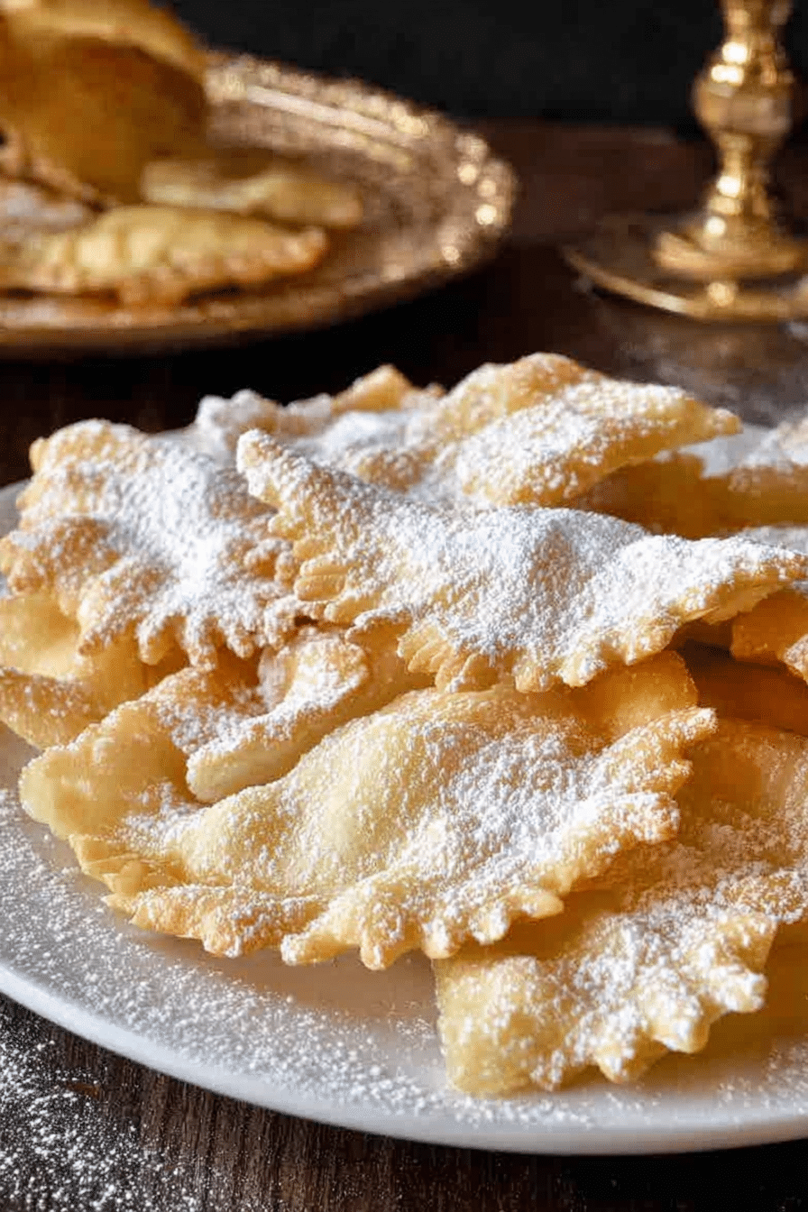 Plate of crispy fried crostoli dusted with powdered sugar on a festive table.