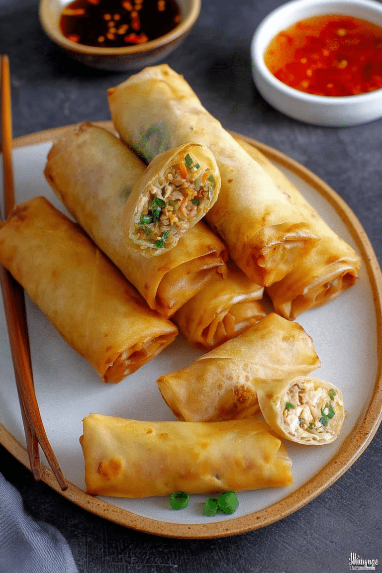 Crispy golden-brown Chinese spring rolls arranged on a plate with dipping sauce and fresh herbs