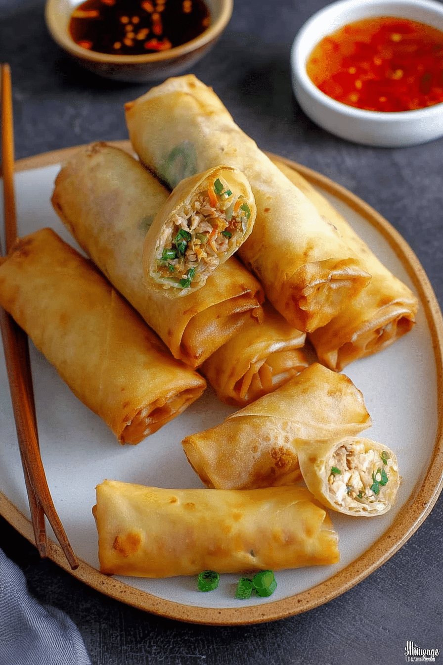 Crispy golden-brown Chinese spring rolls arranged on a plate with dipping sauce and fresh herbs