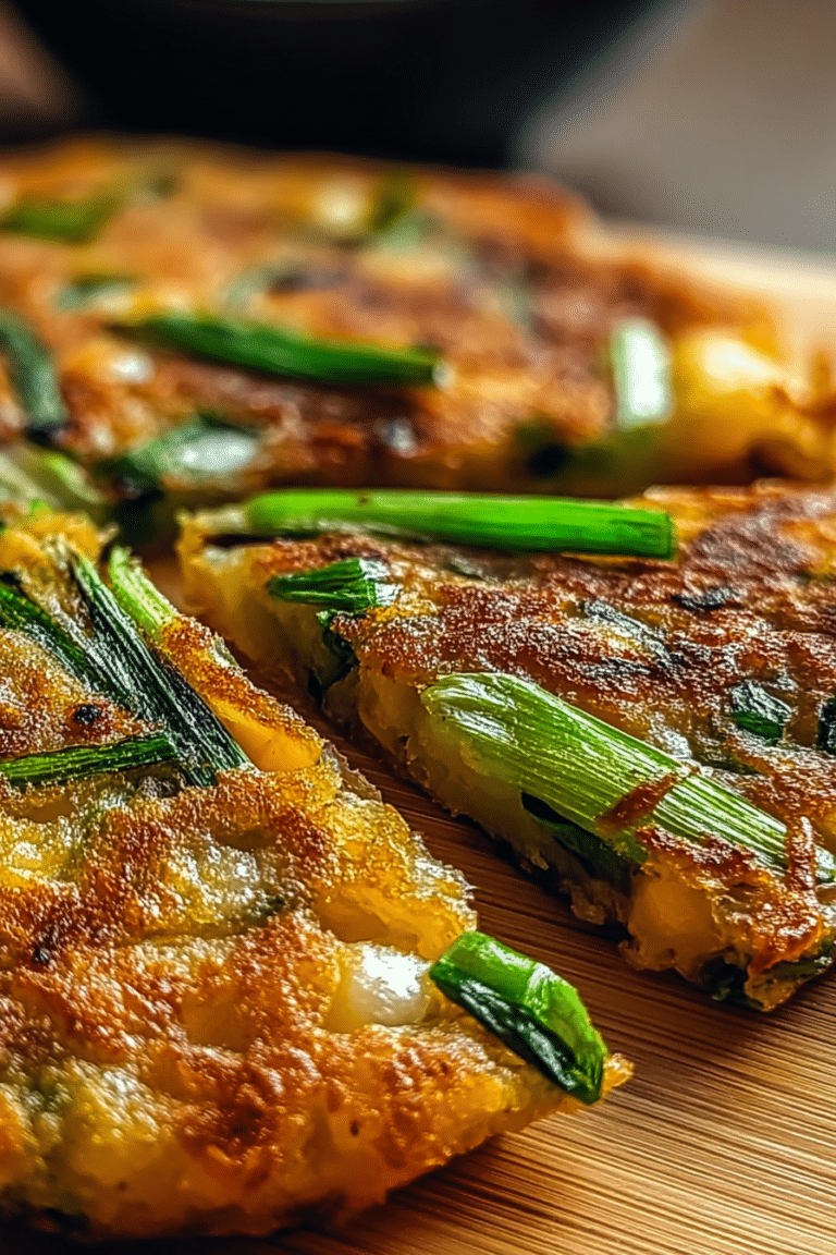 Crispy Korean spring onion pancake on a plate, garnished with spring onions and soy sauce for dipping.
