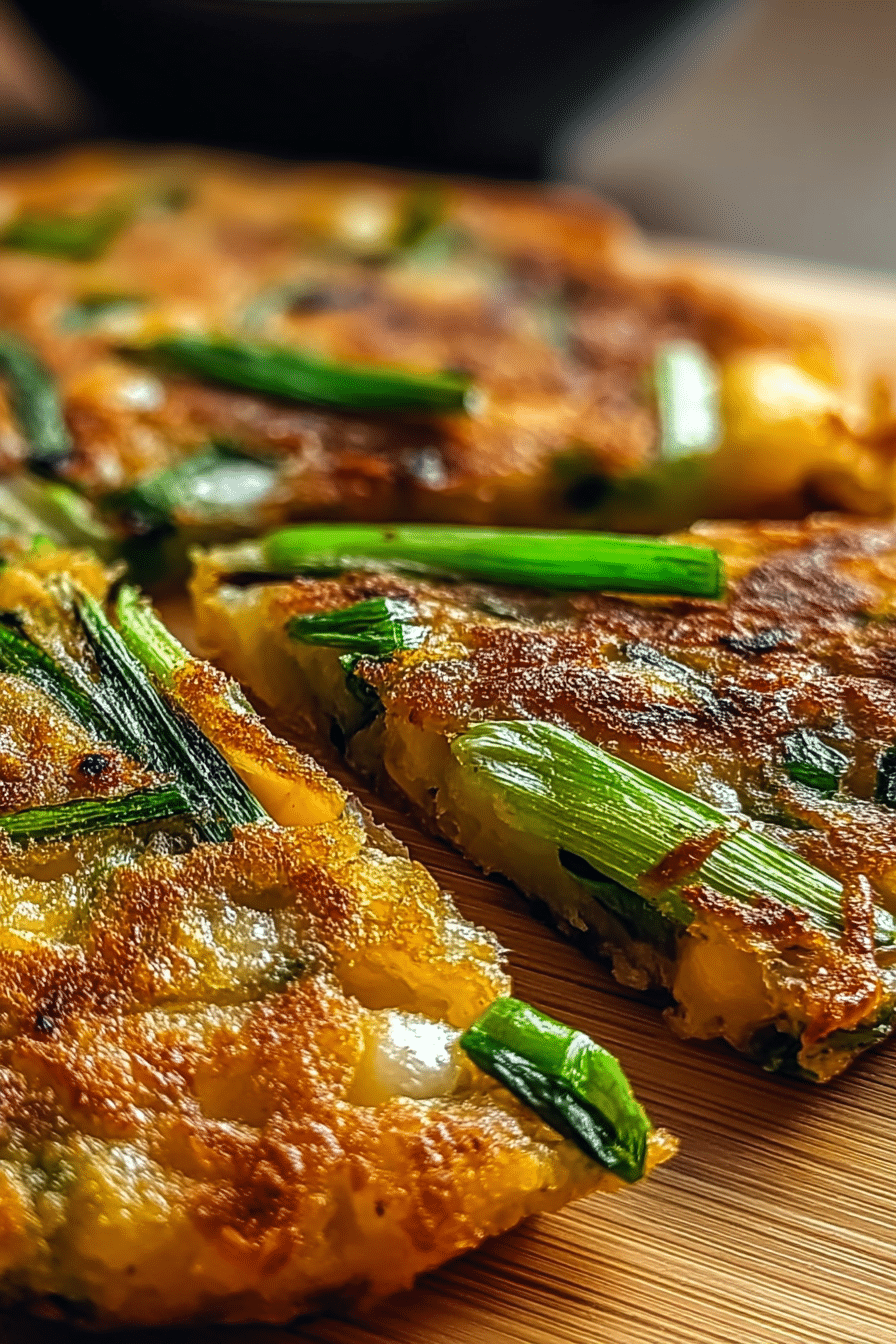 Crispy Korean spring onion pancake on a plate, garnished with spring onions and soy sauce for dipping.