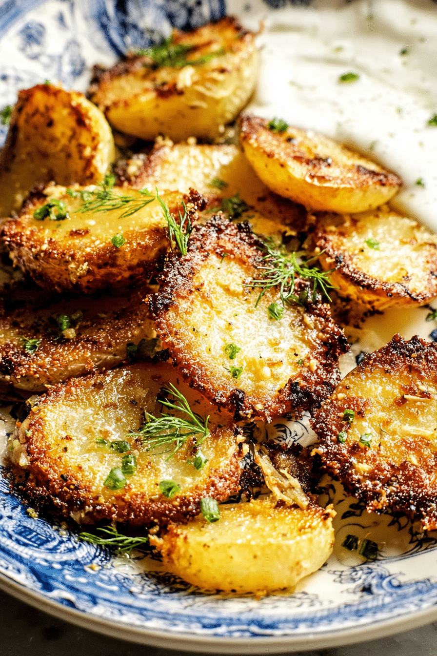 Crispy parmesan roasted potatoes with herbs and lemon zest on a wooden table