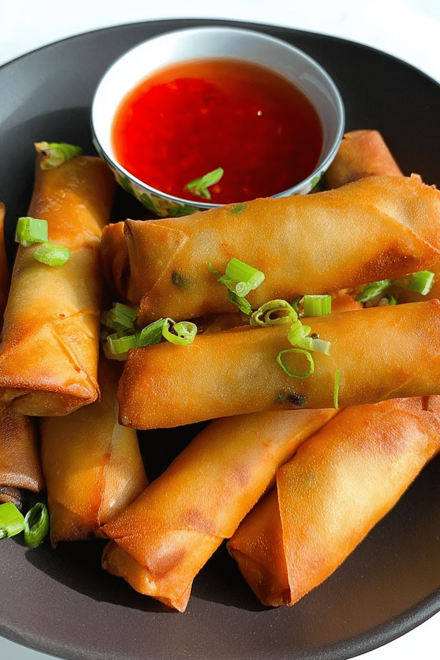Crispy vegetable spring rolls served with dip, garnished with fresh herbs