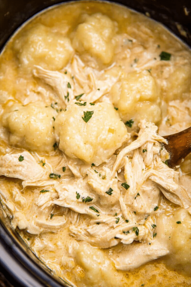 A cozy bowl of crock pot chicken and dumplings, garnished with parsley, showcasing the creamy texture and fluffy dumplings.
