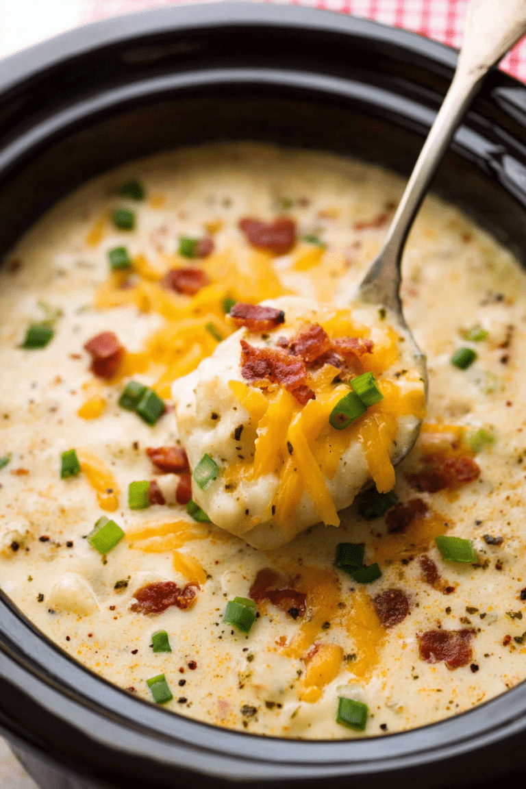 Bowl of creamy crock pot crack potato soup with green onions and bacon on top, served with ingredients like potatoes and ranch dressing on the side.