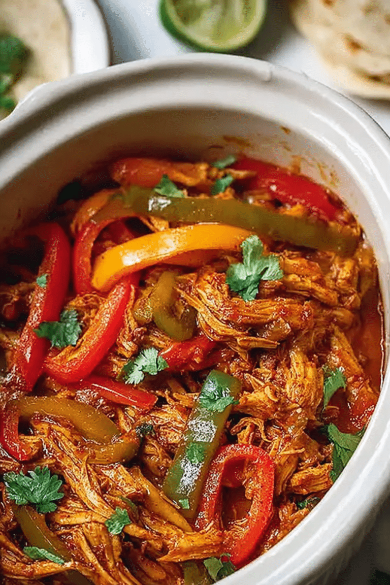Delicious crockpot chicken fajitas with colorful bell peppers and tortillas, garnished with cilantro.