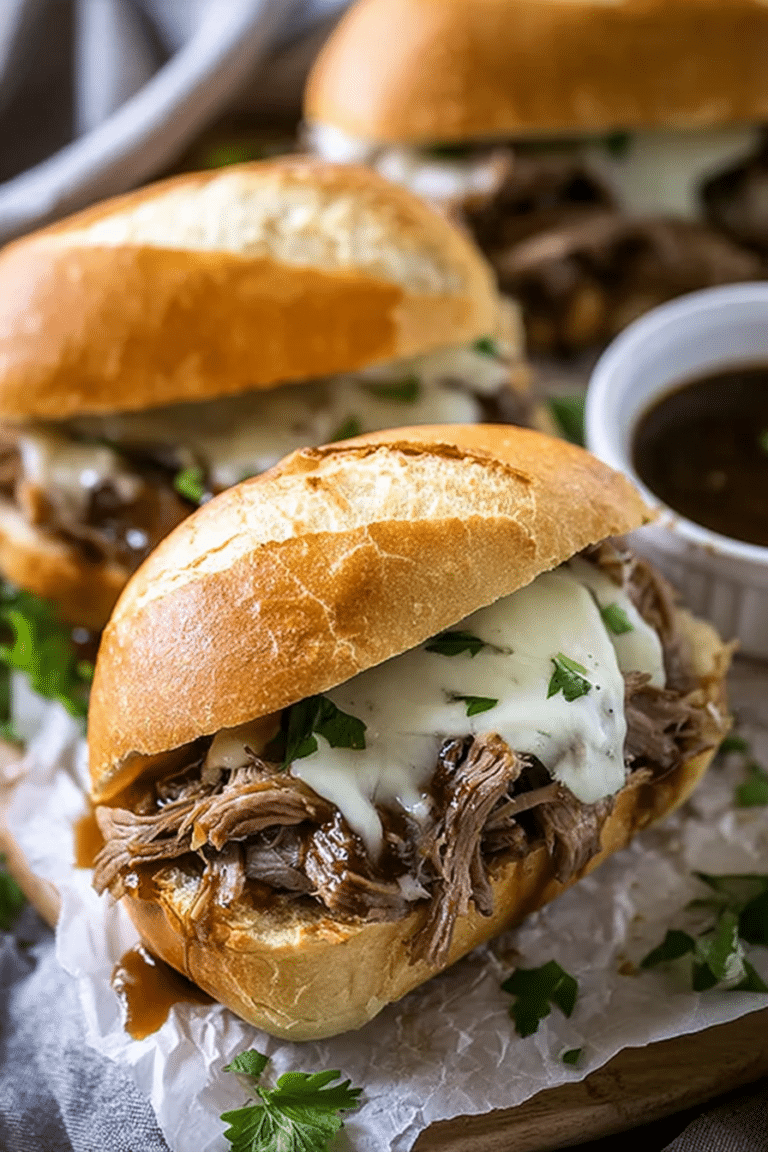 Close-up of a delicious crockpot French dip sandwich with shredded beef and provolone cheese next to a bowl of au jus