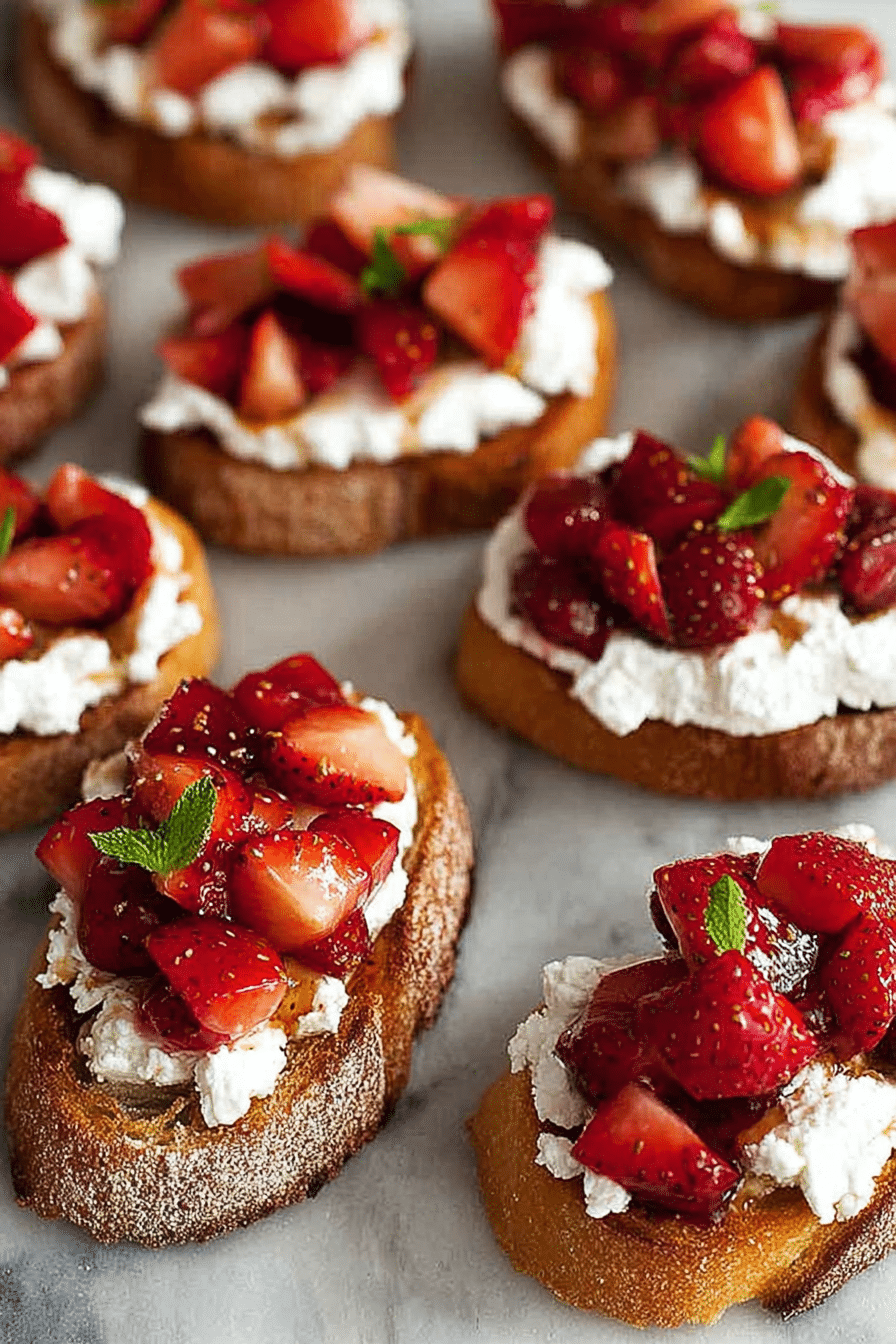 Crostini with balsamic strawberries and ricotta displayed on a wooden platter, garnished with fresh strawberries.