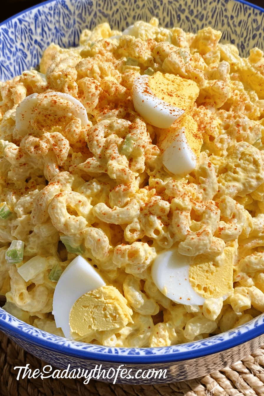 Deviled egg macaroni salad served in a colorful bowl on a picnic table, garnished with fresh herbs.