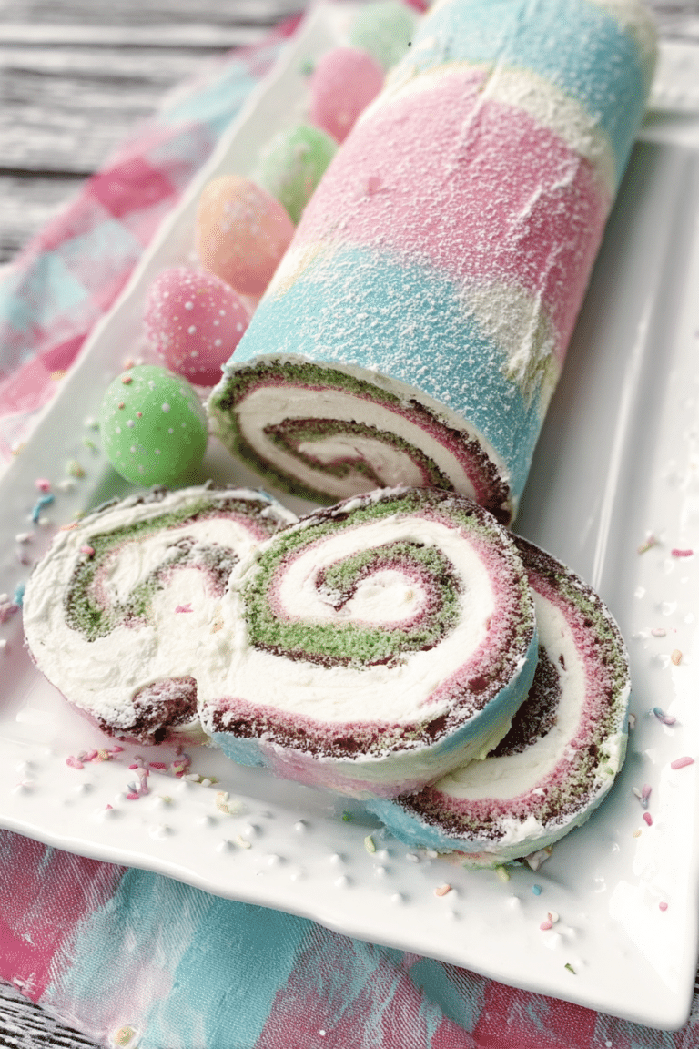 Easter cake roll decorated with pastel colors and surrounded by Easter decorations.