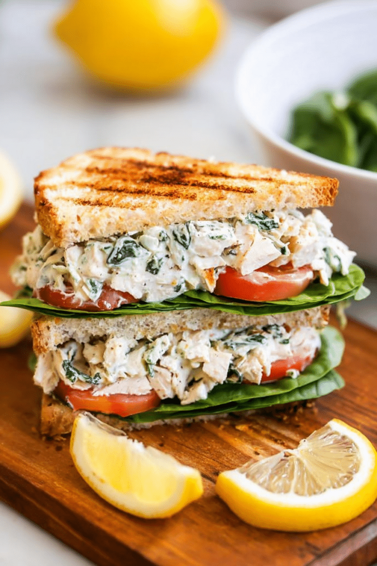 Easy lemon basil chicken salad in a bowl with fresh basil and lemon slices on a rustic table.