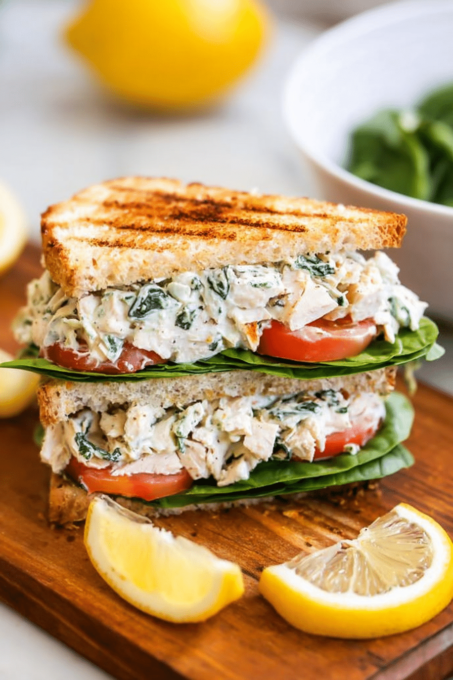 Easy lemon basil chicken salad in a bowl with fresh basil and lemon slices on a rustic table.