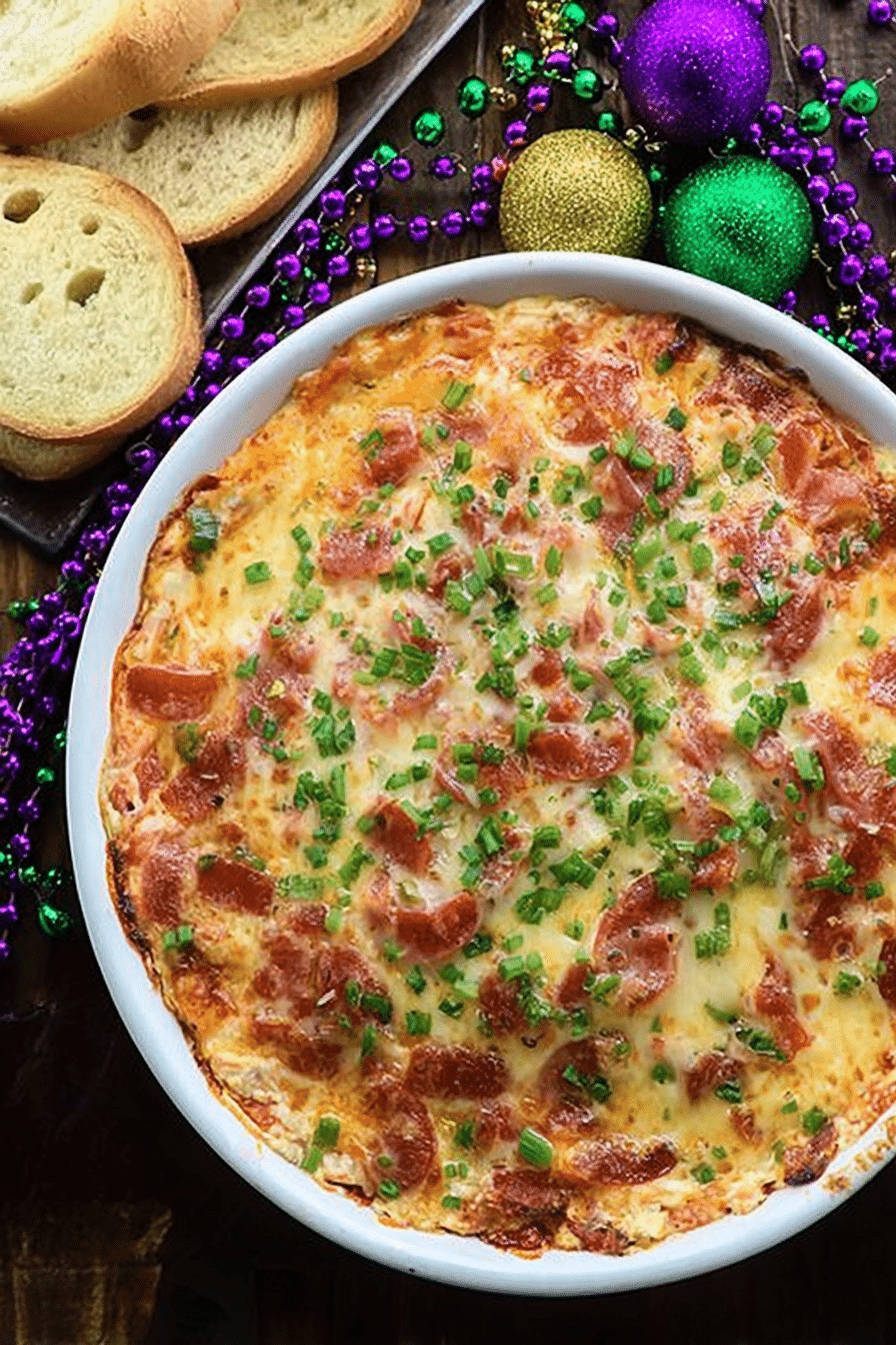Delicious easy Mardi Gras hot muffuletta dip garnished with parsley served with bread slices.