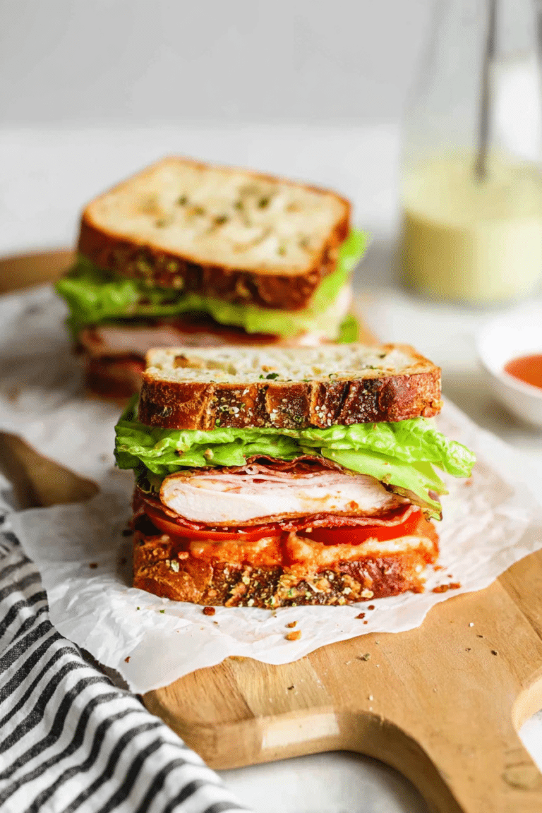 Close-up of an easy turkey club sandwich with bacon, avocado, and lettuce on a wooden cutting board