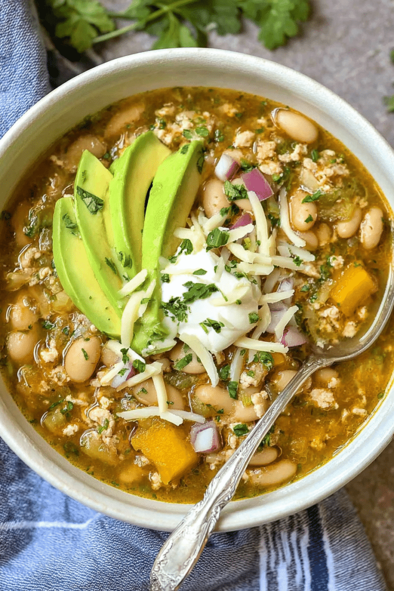 Delicious easy white bean turkey chili verde topped with cilantro and avocado, served in a large pot.