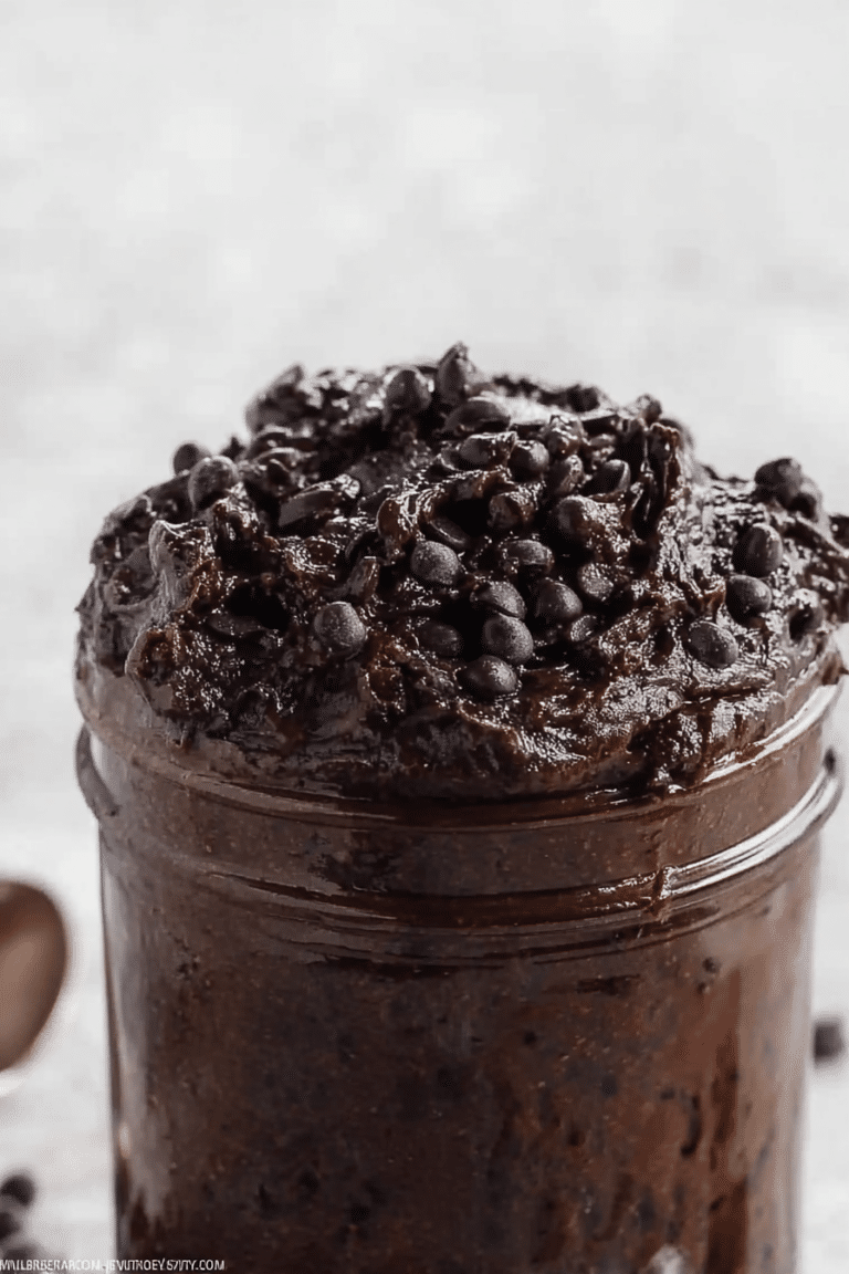 Delicious edible brownie batter in a bowl, topped with chocolate chips and a spoon, perfect for dessert lovers.