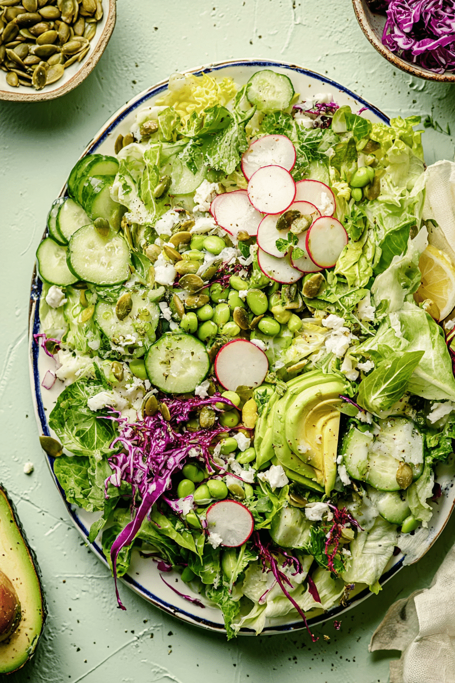 Close-up of Everything Spring Green Salad with fresh greens, avocado, and colorful vegetables, topped with lemon basil vinaigrette.