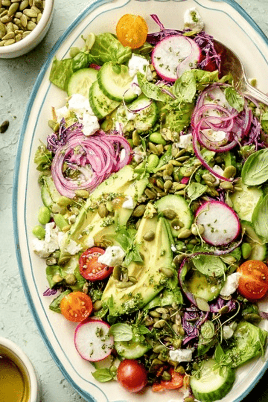 Everything Spring Green Salad with vibrant greens, cherry tomatoes, and lemon basil vinaigrette on a wooden table.
