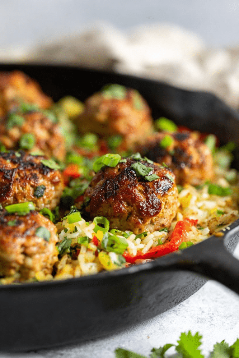 Delicious firecracker chicken meatballs served with creamy cilantro coconut pineapple rice, garnished with fresh cilantro and sliced green onions.