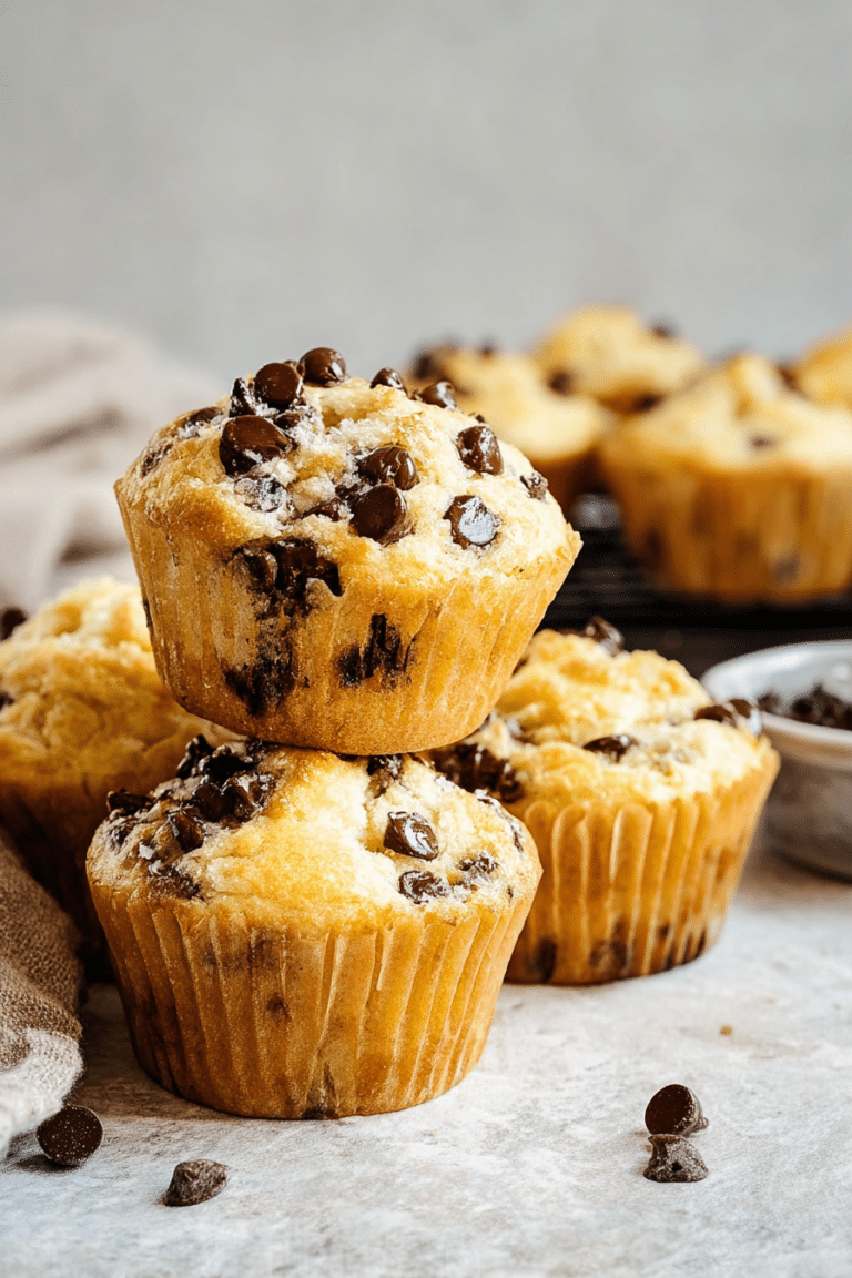Close-up of fluffy chocolate chip Greek yogurt muffins with chocolate chip toppings on a wooden table.