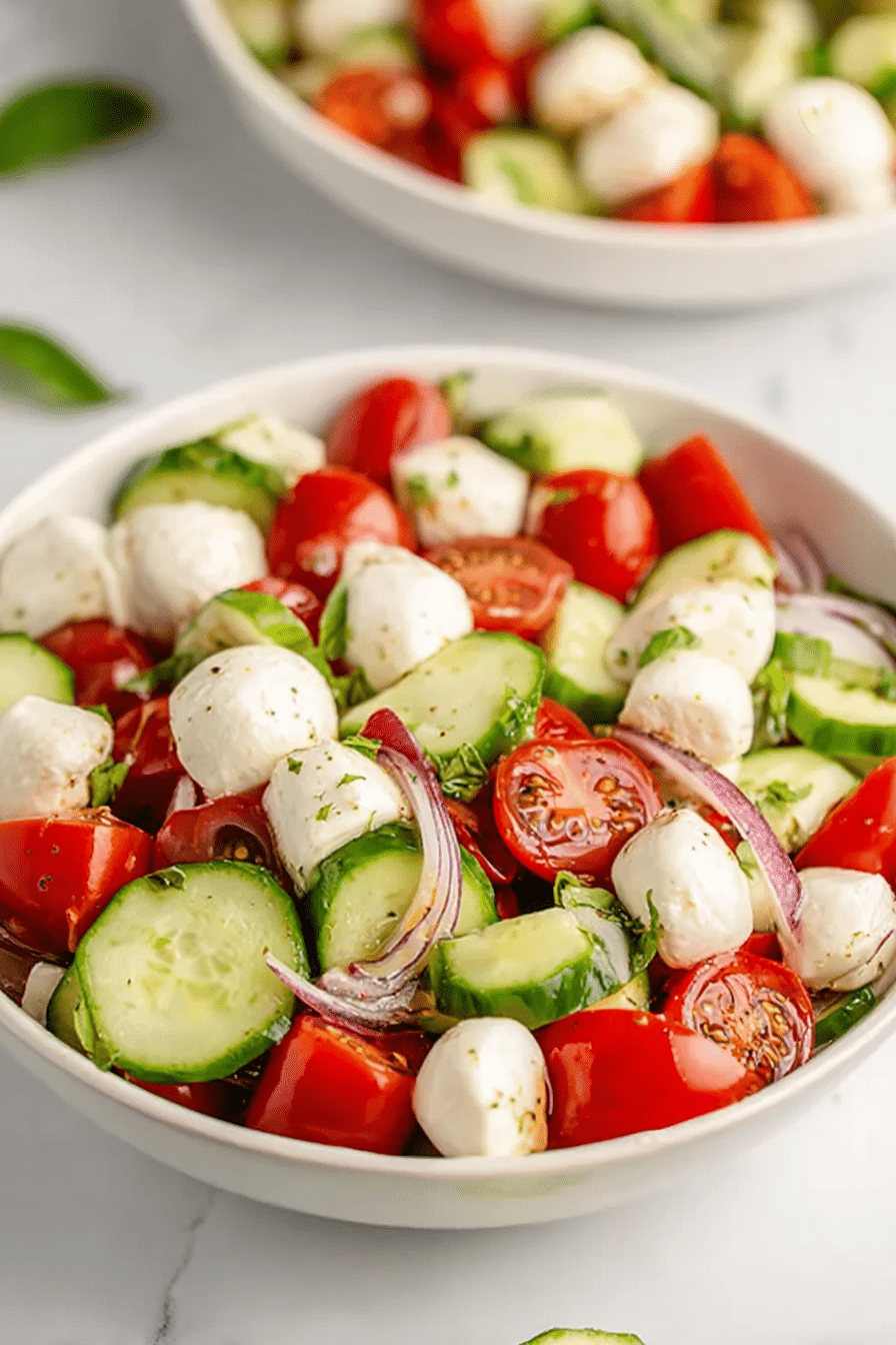 Fresh cucumber caprese salad with cherry tomatoes and mozzarella on a white plate, drizzled with olive oil and balsamic vinegar.