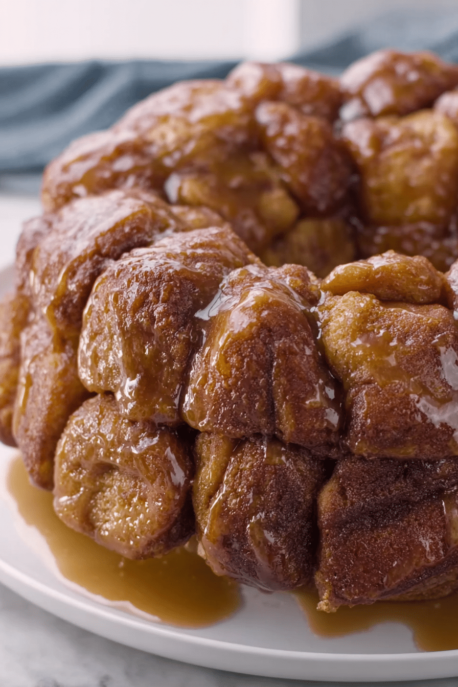 Freshly baked easy monkey bread pulled apart, showcasing its gooey caramel and cinnamon layers.