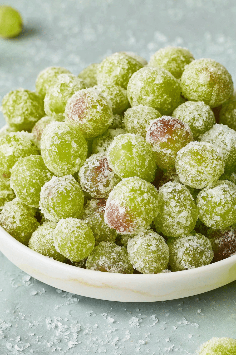 Close-up of frozen candied grapes on a decorative plate, highlighting their vibrant green color and sweet coating.