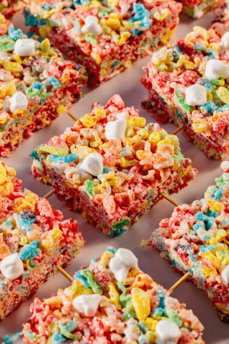 Colorful Fruity Pebbles Rice Krispie Treats arranged on a plate, showcasing their vibrant colors and gooey texture.