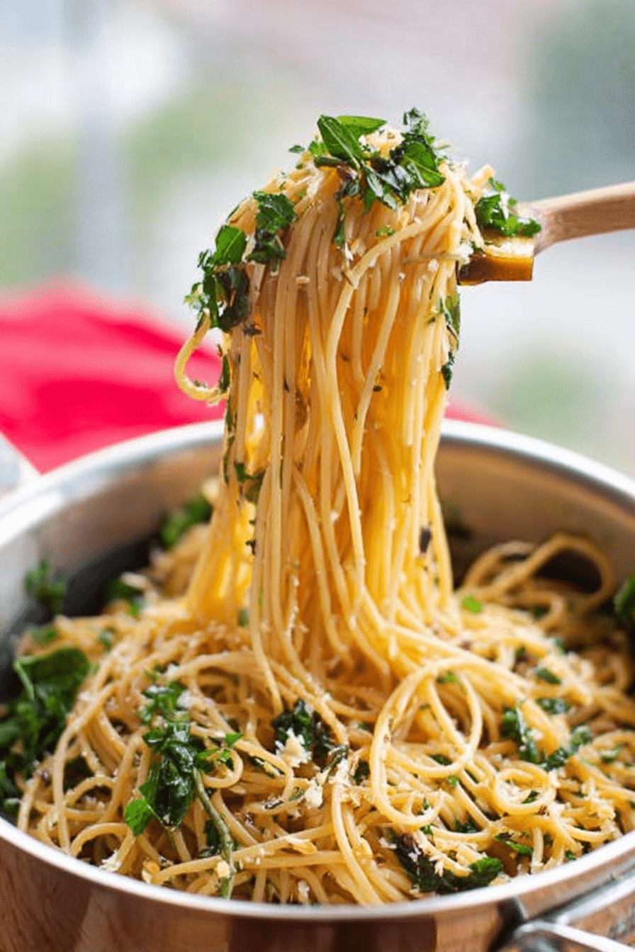 Close-up of garlic butter spaghetti with herbs topped with fresh basil and grated Parmesan cheese.