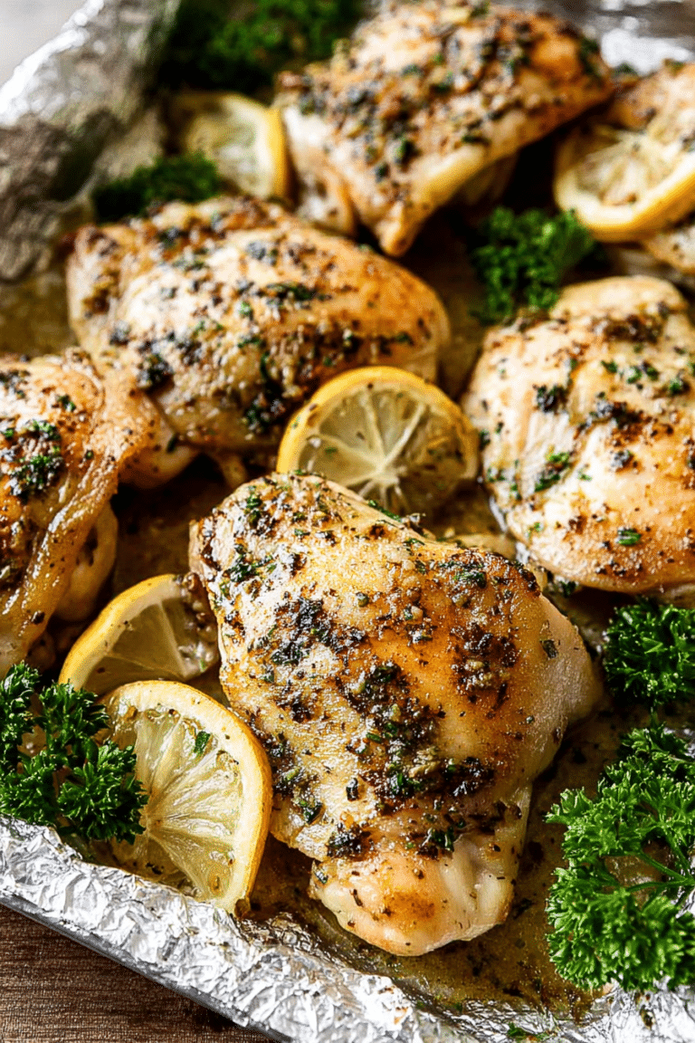 Plated garlic lemon chicken with roasted potatoes and broccoli, garnished with lemon and parsley.