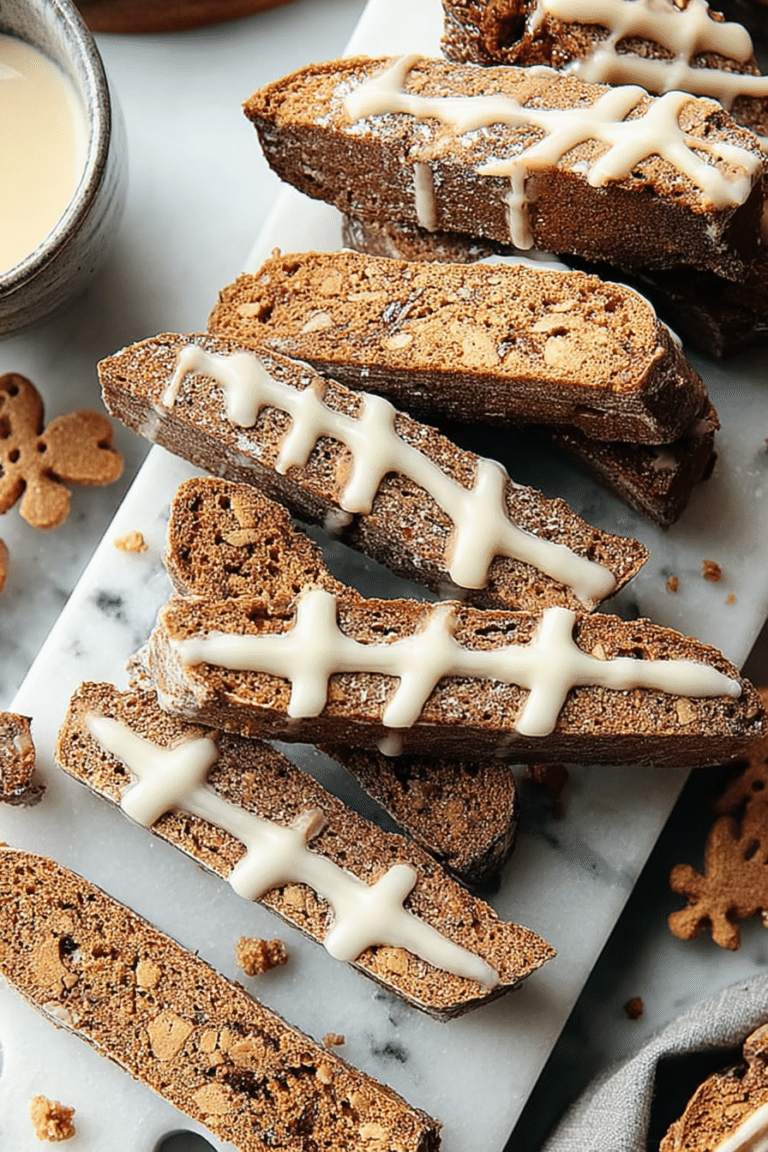 A plate of gingerbread biscotti with chocolate chips, decorated with cinnamon sticks and festive elements.