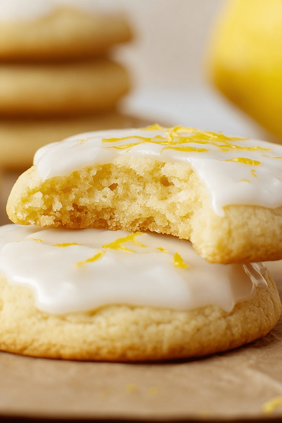 Freshly baked glazed lemon cookies on a cooling rack with lemon slices and zest.