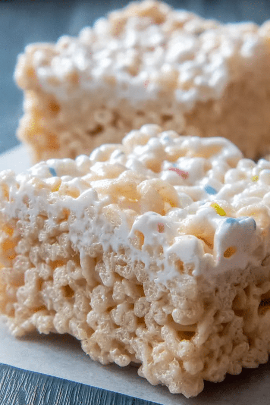 Close-up of gooey Rice Krispies Treats drizzled with chocolate and sprinkled with colorful toppings.