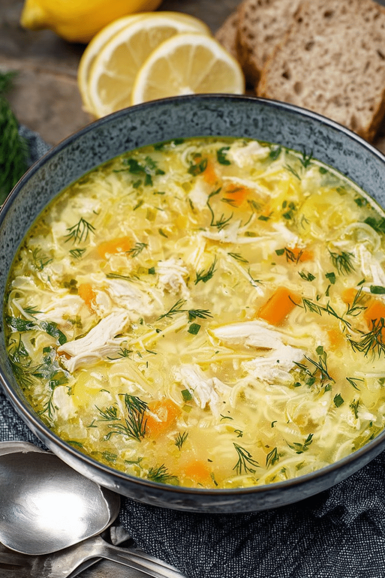 Bowl of Greek lemon chicken soup with orzo, garnished with dill and lemon