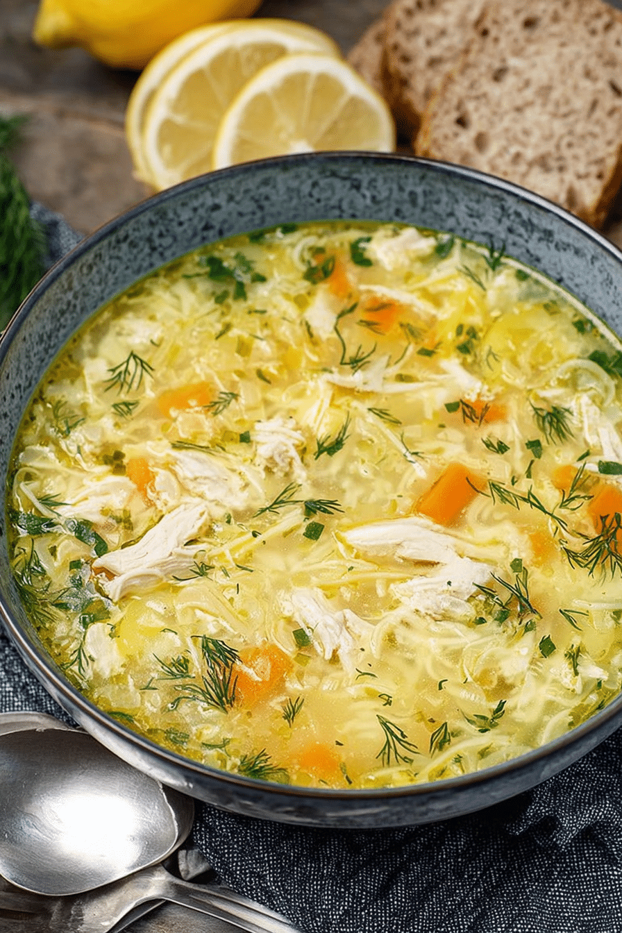 Bowl of Greek lemon chicken soup with orzo, garnished with dill and lemon
