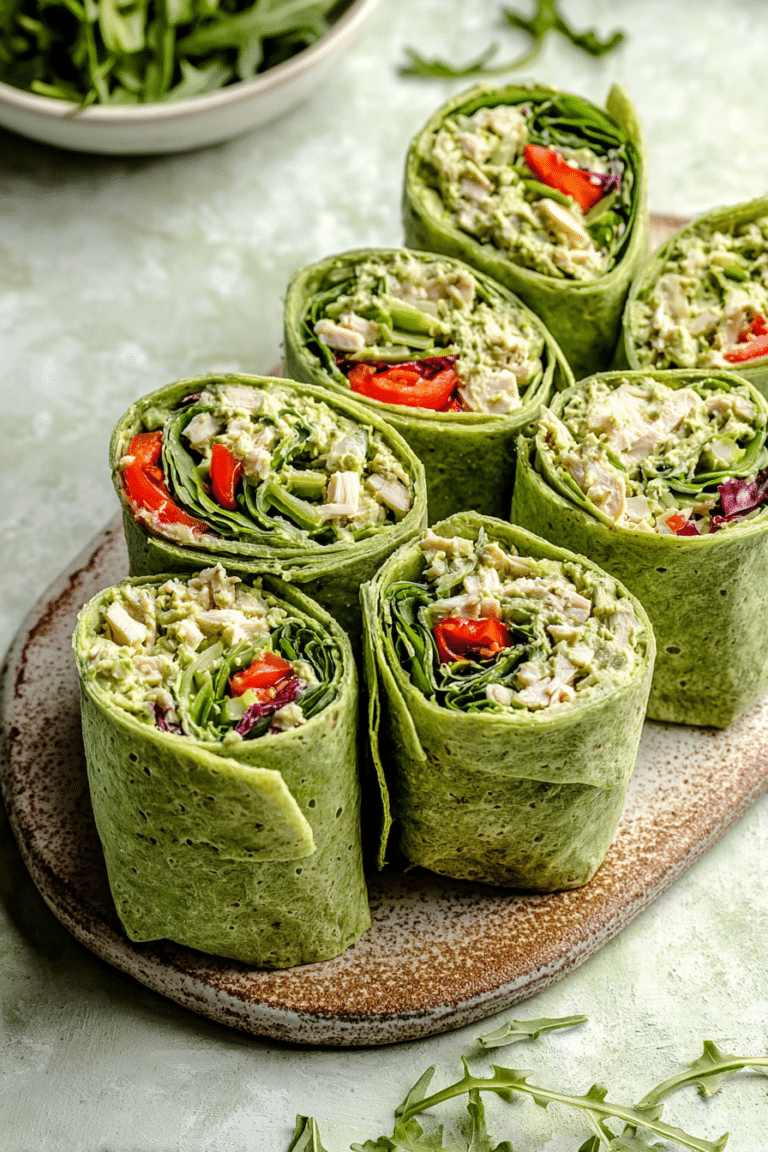 Cut green goddess chicken salad wrap displaying avocado, spinach, and roasted red peppers, served on a wooden board with fresh herbs.