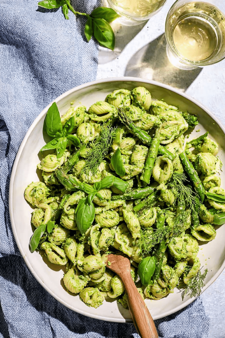 A fresh green goddess pasta salad served in a bowl with herbs and vegetables