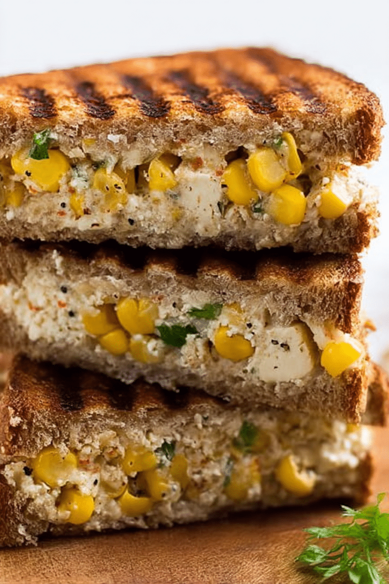 Delicious grilled cheese paneer and corn sandwich with melted cheese and coriander leaves, served on a wooden table.