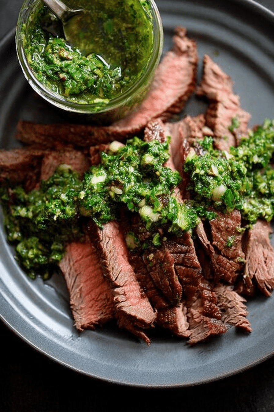Grilled garlic brown sugar flank steak topped with chimichurri and fresh herbs on a wooden board.