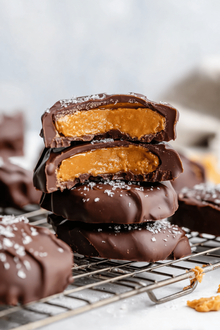 Healthy 4 ingredient Reese's eggs on a plate, topped with coarse sea salt