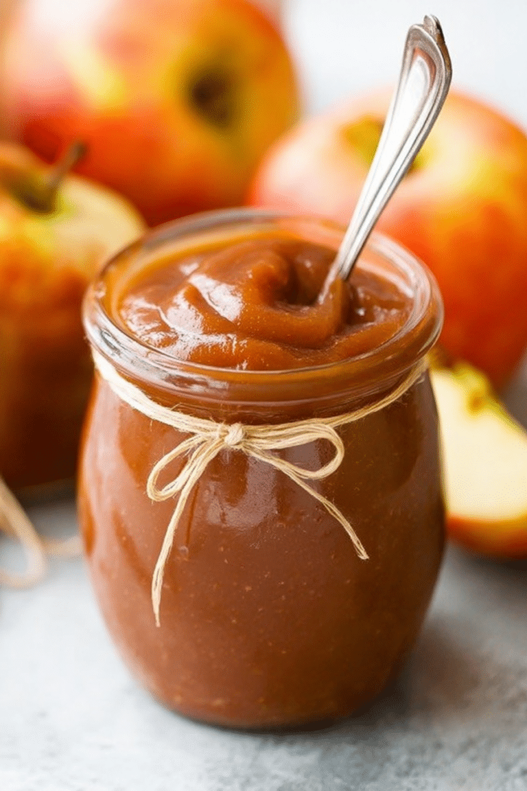 Healthy homemade apple butter in a jar with toast and fresh apples, showcasing a delicious and wholesome breakfast spread.