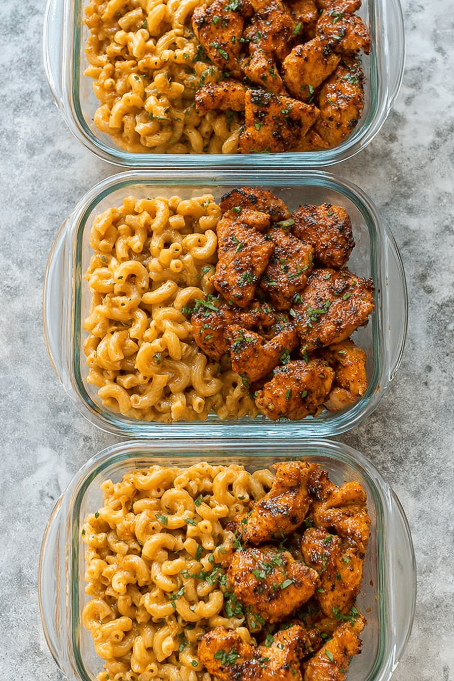 High-protein honey garlic butter chicken mac & cheese in a bowl, topped with parsley, on a wooden table.