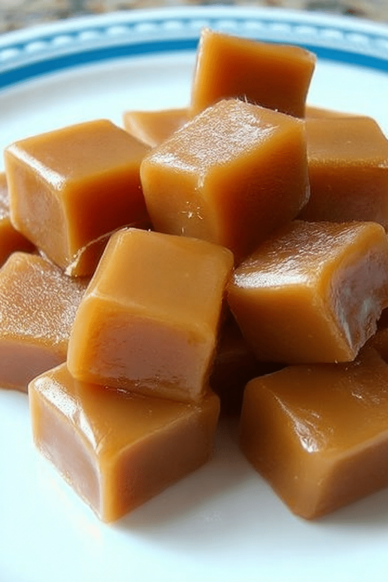 Delicious homemade caramels on a wooden platter, showcasing their rich, gooey texture.