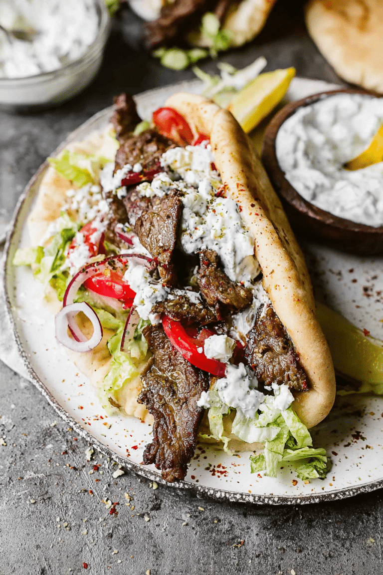 Homemade gyros wrapped in pita with lamb meat, fresh veggies, and tzatziki sauce.