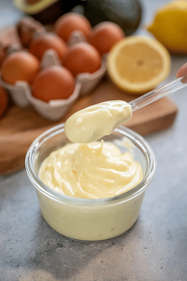 Close-up of creamy homemade mayonnaise in a jar with lemon and avocado oil.