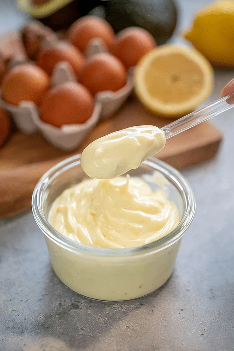 Close-up of creamy homemade mayonnaise in a jar with lemon and avocado oil.