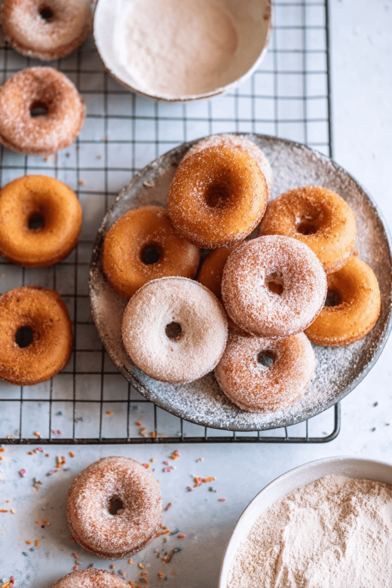 Freshly made homemade mini donuts with cinnamon sugar on a wooden table.