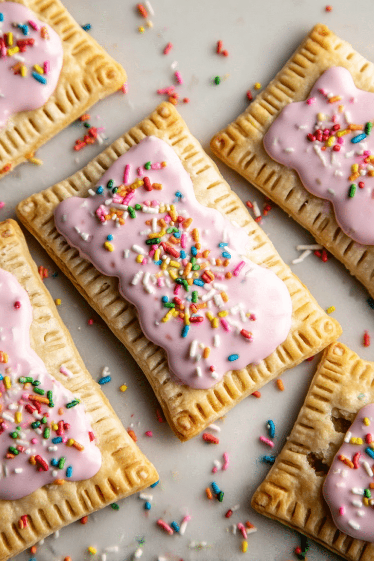 Close-up of a homemade strawberry pop tart with icing and sprinkles on a wooden table.