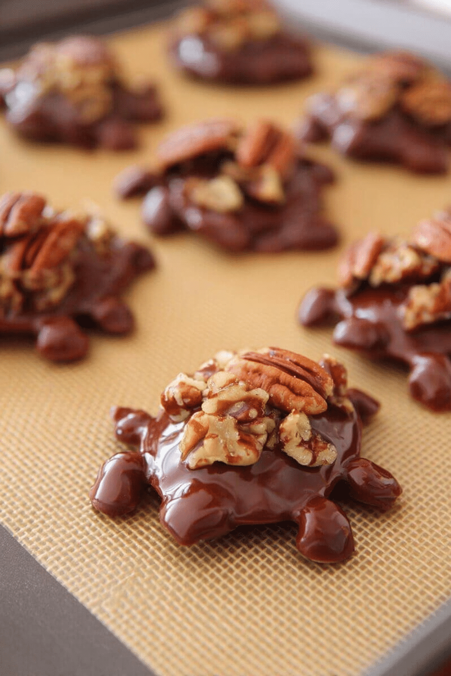 Plate of homemade turtle candies with pecans, caramel, and chocolate.